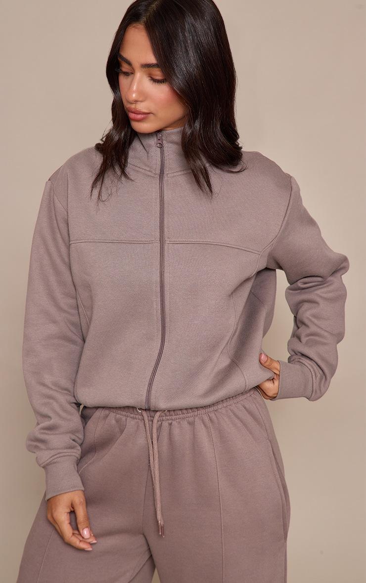 Pretty Little Thing Petite Charcoal Grey Seam Detail Zip Up Track Top