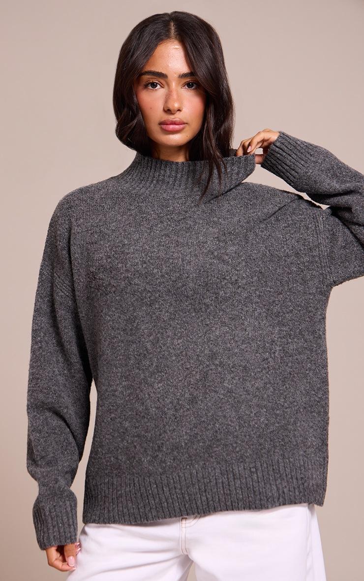 Pretty Little Thing Petite Charcoal Knit Oversized Polo Neck Sweater