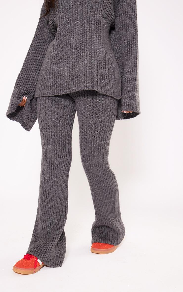 Pretty Little Thing Petite Charcoal Rib Knit Wide Leg Pants