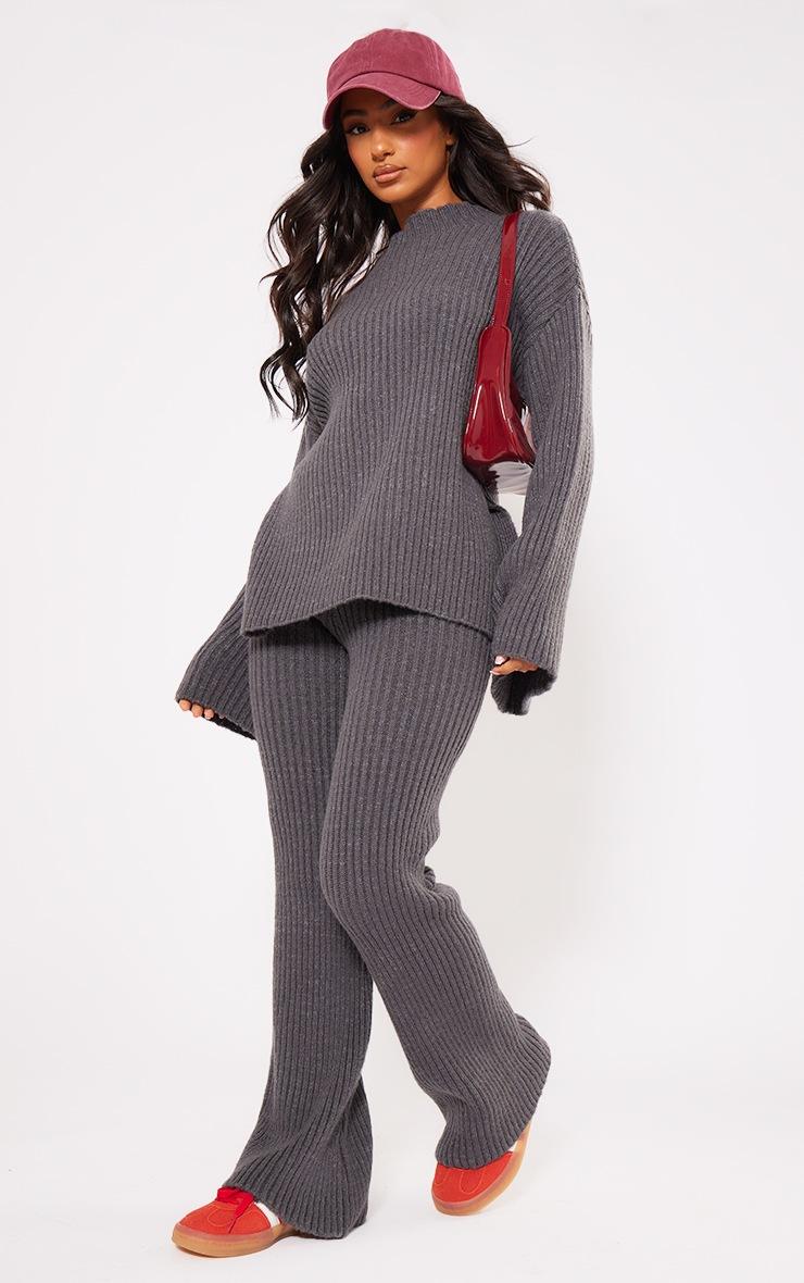 Pretty Little Thing Petite Charcoal Rib Knit Wide Leg Pants