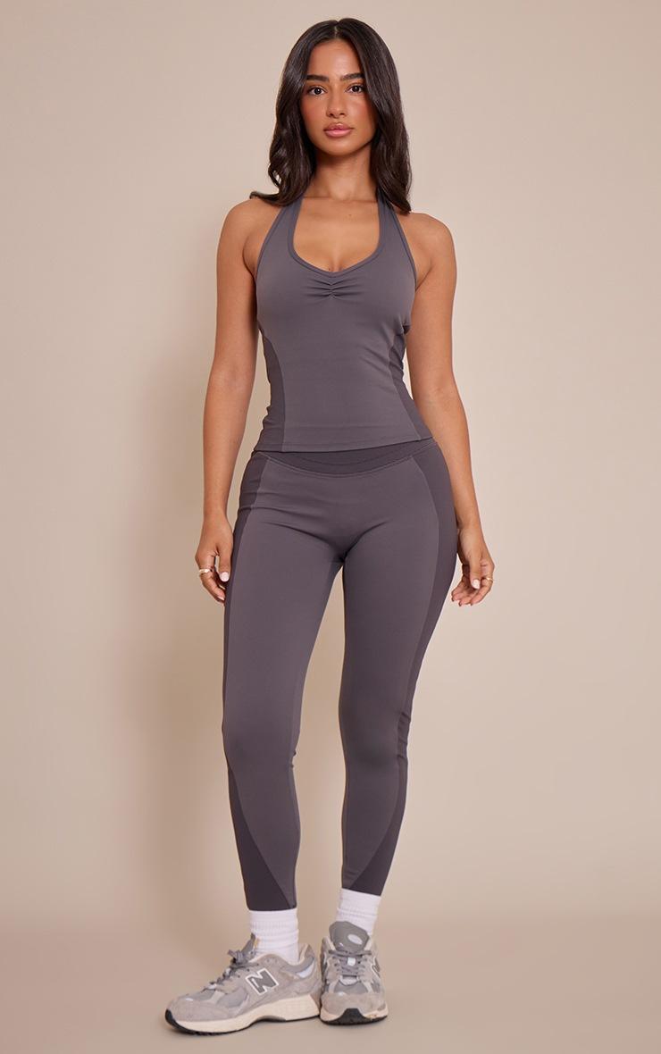 Pretty Little Thing Petite Charcoal Sculpt Rib Panel Halterneck Gym Top