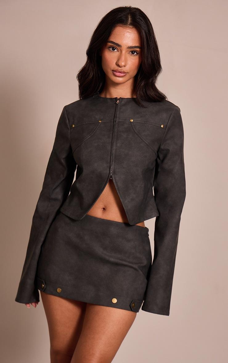 Pretty Little Thing Petite Charcoal Stud Detail Faux Leather Jacket