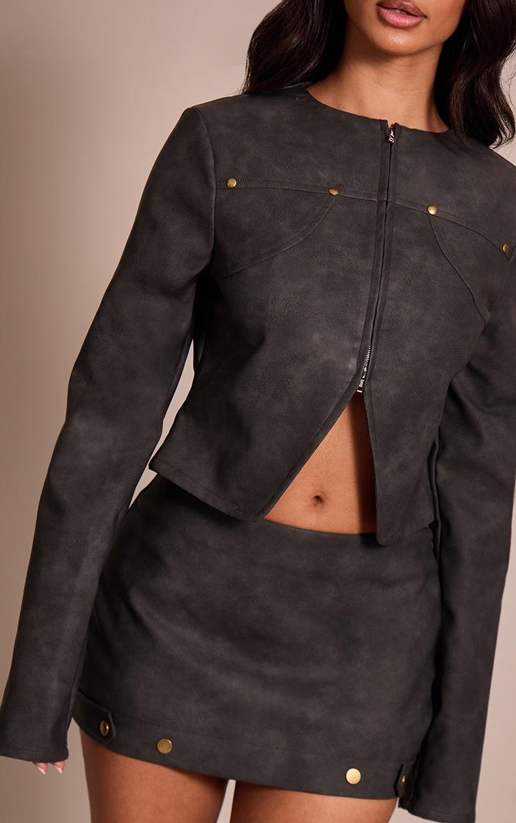 Pretty Little Thing Petite Charcoal Stud Detail Faux Leather Mini Skirt