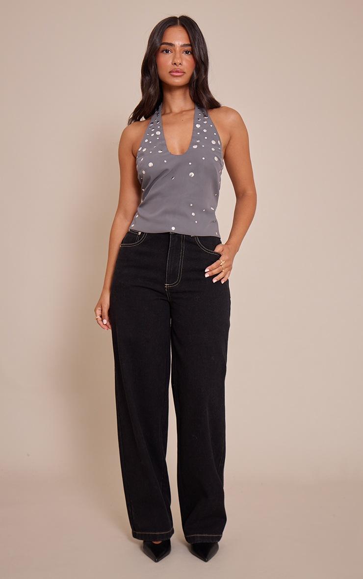 Pretty Little Thing Petite Charcoal Stud Detail Halterneck Top