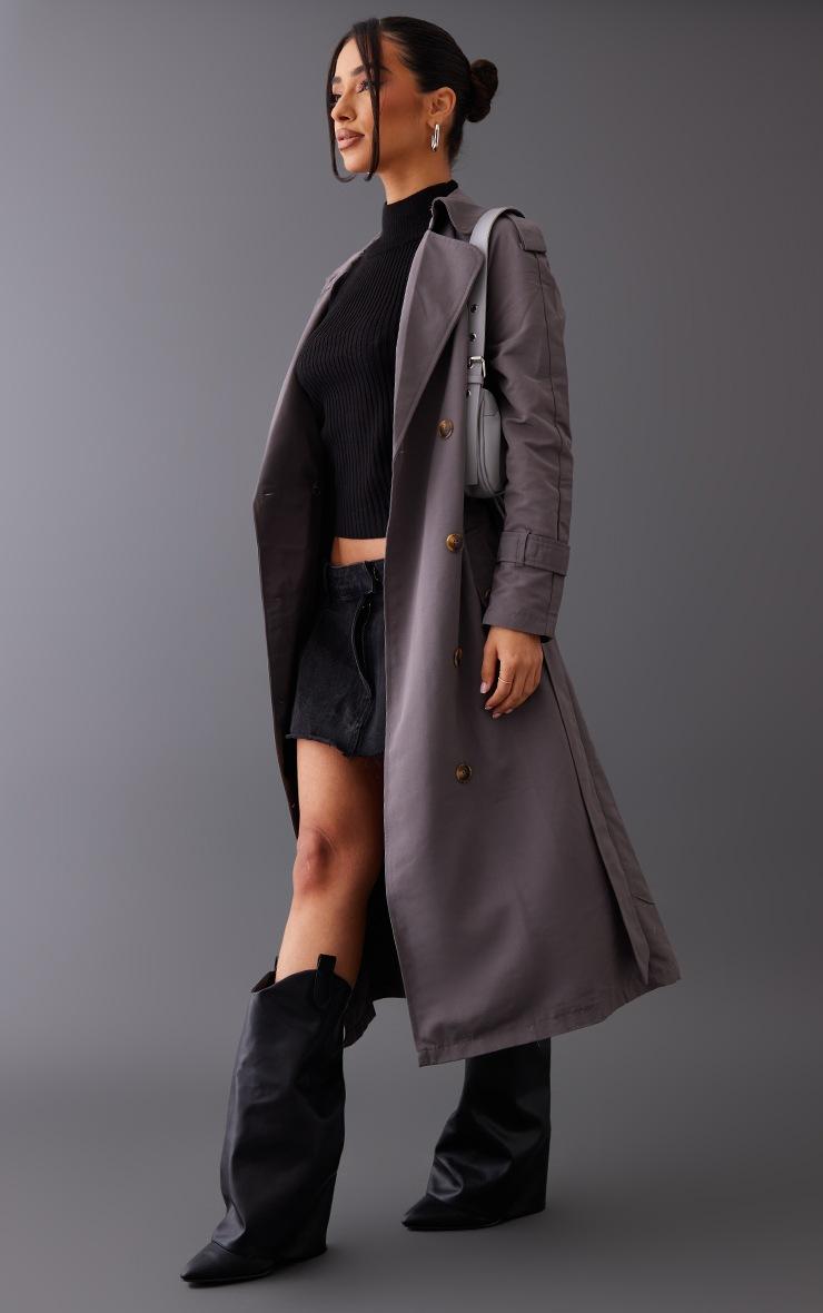 Pretty Little Thing Petite Charcoal Tie Waist Trench Coat