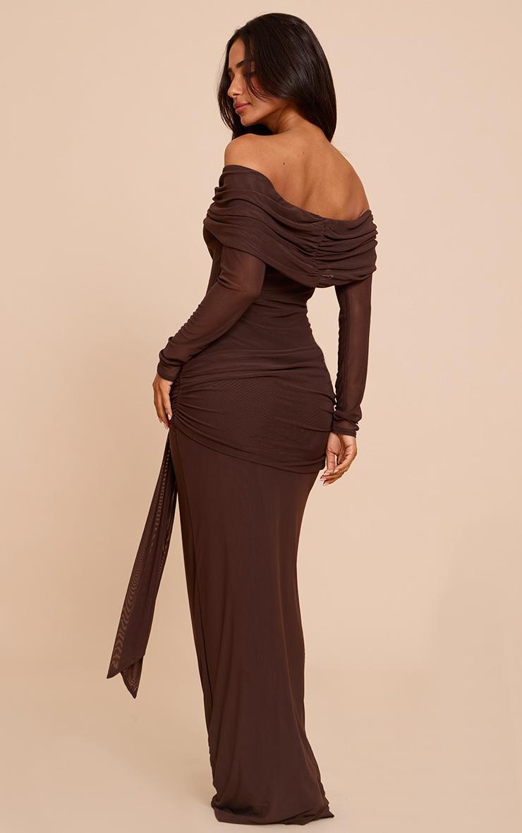 Pretty Little Thing Petite Chocolate Asymmetric Long Sleeve Bardot Maxi Dress