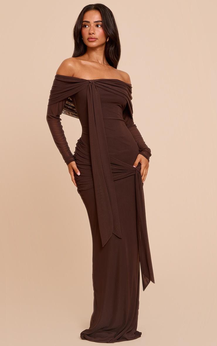 Pretty Little Thing Petite Chocolate Asymmetric Long Sleeve Bardot Maxi Dress