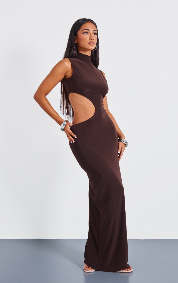 Pretty Little Thing Petite Chocolate Bodycon Slinky Cut Out Maxi Dress