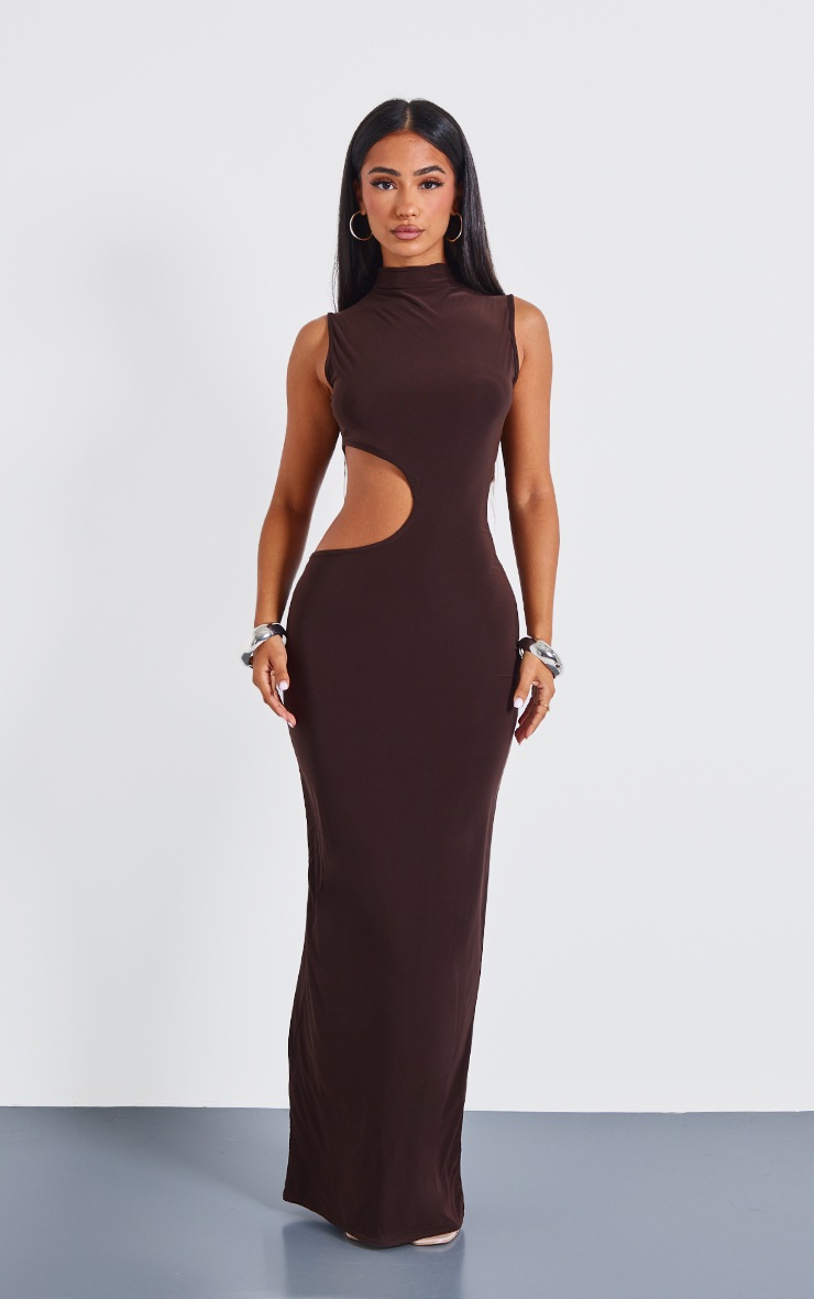 Pretty Little Thing Petite Chocolate Bodycon Slinky Cut Out Maxi Dress
