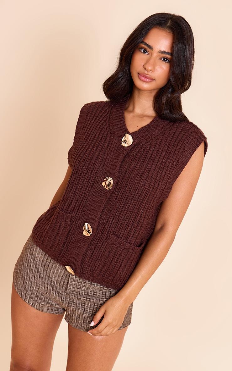 Pretty Little Thing Petite Chocolate Button Detail Knitted Vest