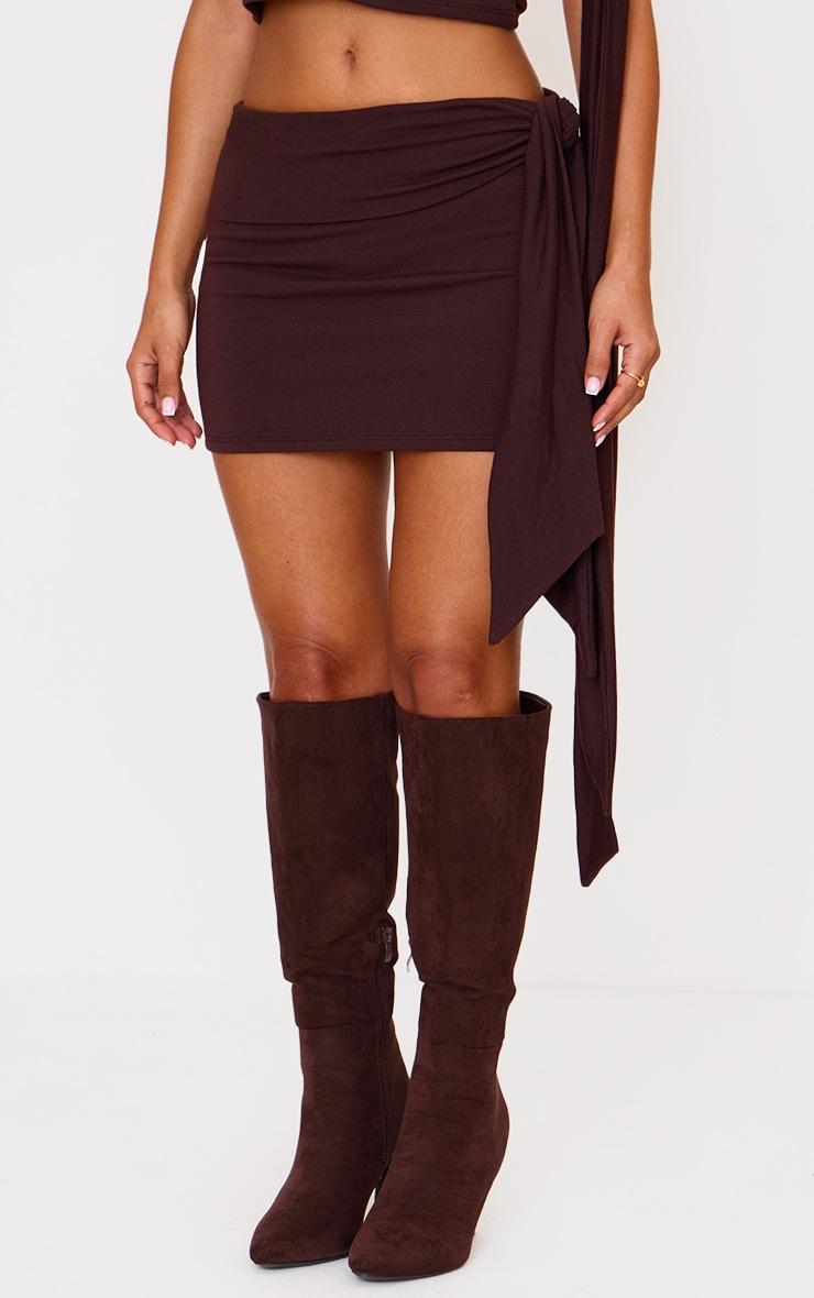 Pretty Little Thing Petite Chocolate Contour Jersey Tie Detail Foldover Mini Skirt