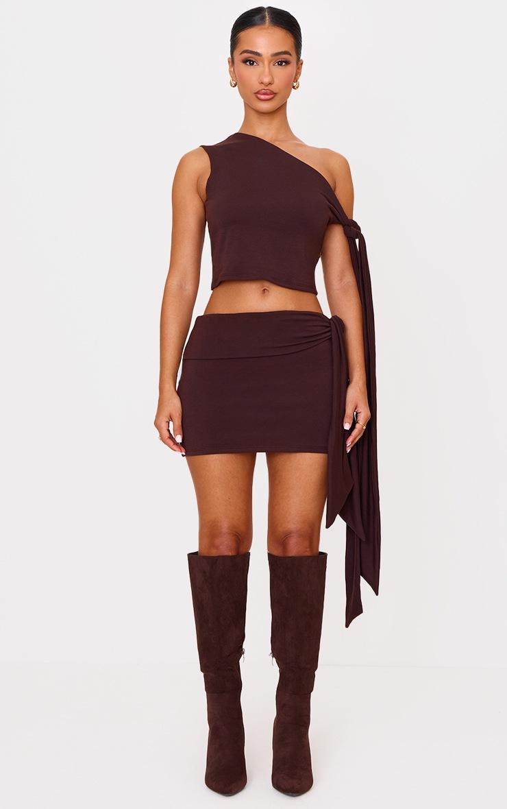 Pretty Little Thing Petite Chocolate Contour Jersey Tie Detail Foldover Mini Skirt