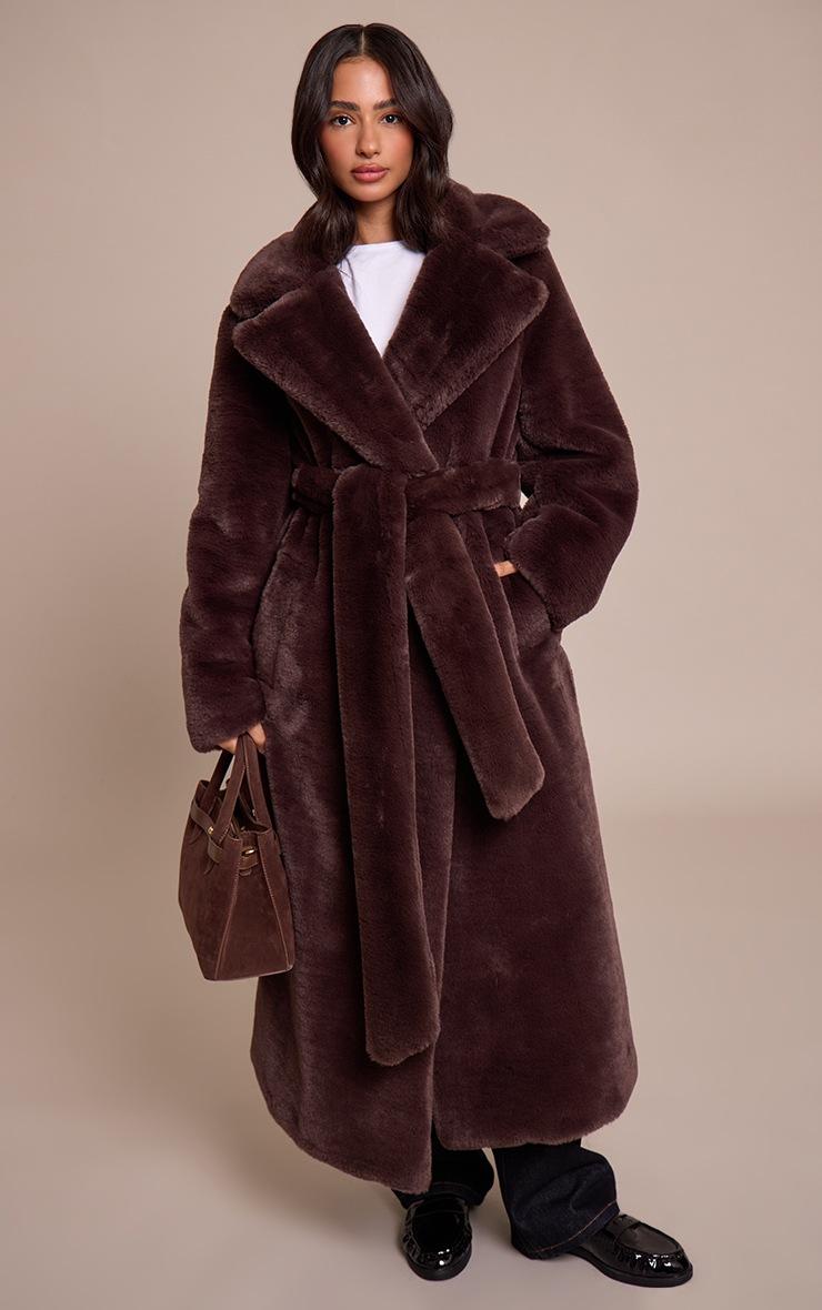 Pretty Little Thing Petite Chocolate Faux Fur Tie Waist Maxi Coat