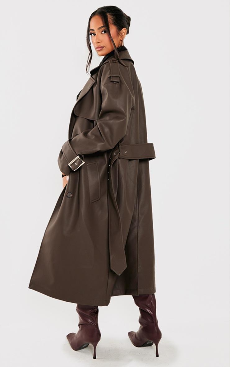 Pretty Little Thing Petite Chocolate Faux Leather Buckle Trench Coat