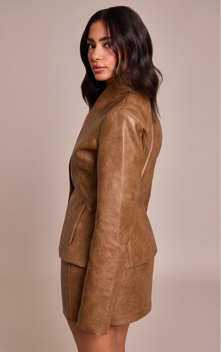 Pretty Little Thing Petite Chocolate Faux Leather Collarless Cinched Blazer