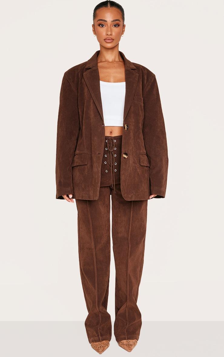 Pretty Little Thing Petite Chocolate Faux Suede Longline Blazer