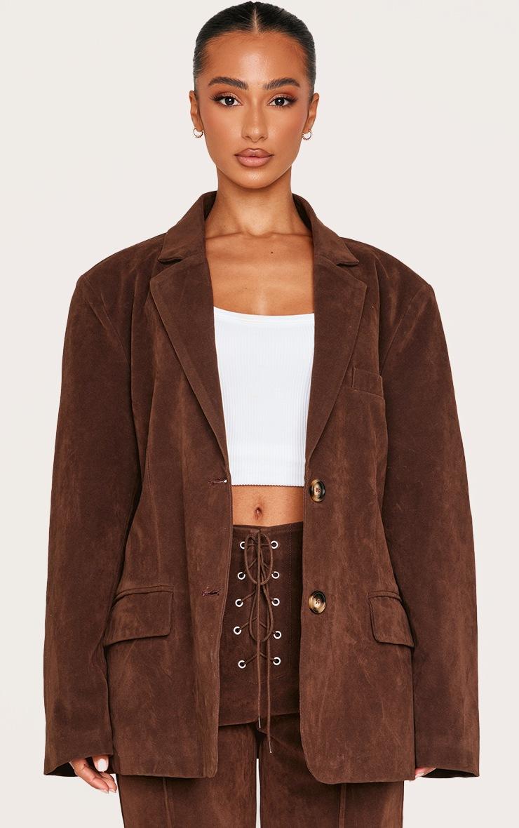 Pretty Little Thing Petite Chocolate Faux Suede Longline Blazer