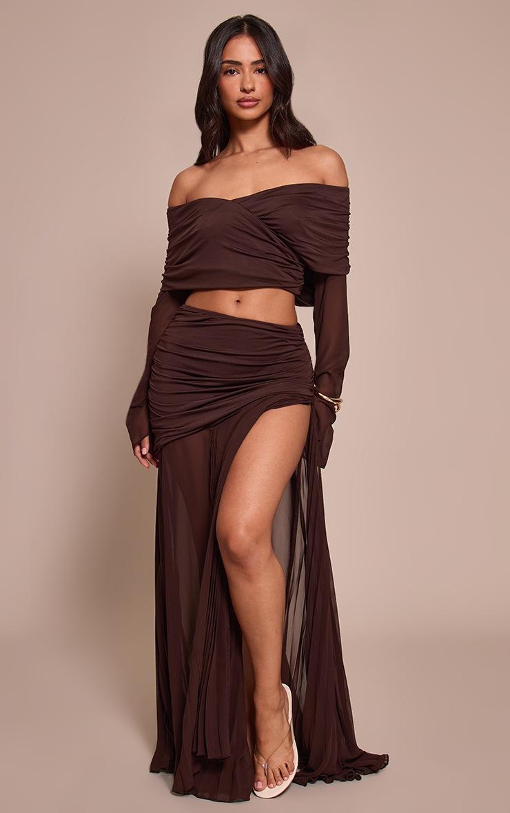 Pretty Little Thing Petite Chocolate Godet Pleat Sheer Maxi Skirt