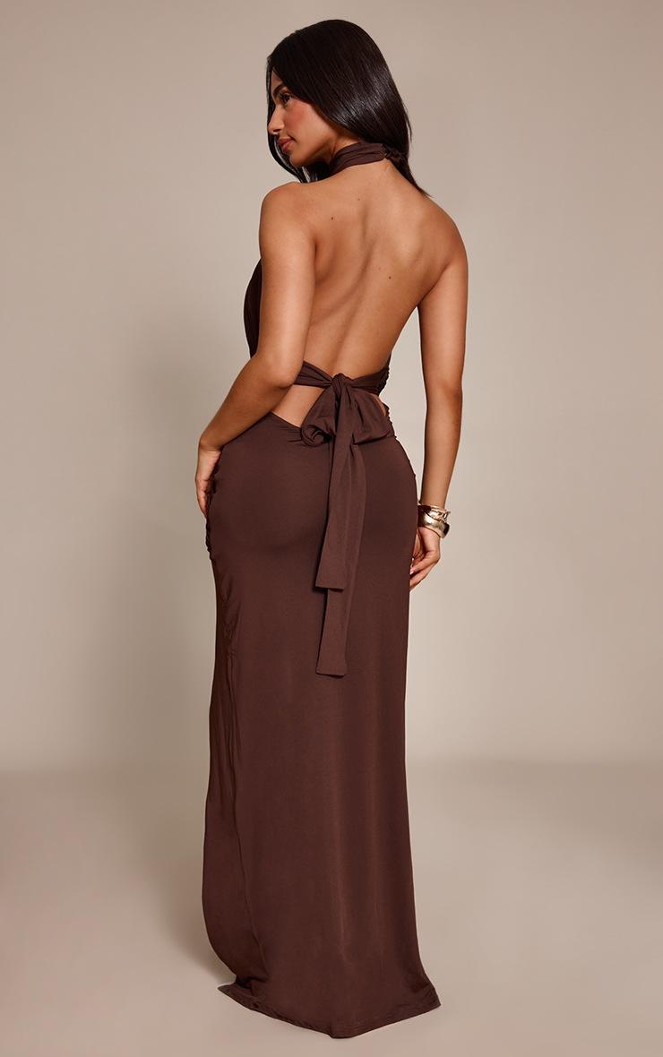 Pretty Little Thing Petite Chocolate Halterneck Double Slinky Ruched Cut Out Maxi Dress