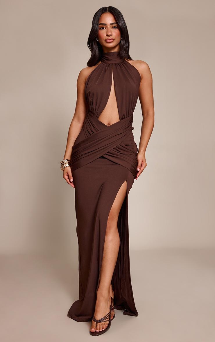 Pretty Little Thing Petite Chocolate Halterneck Double Slinky Ruched Cut Out Maxi Dress