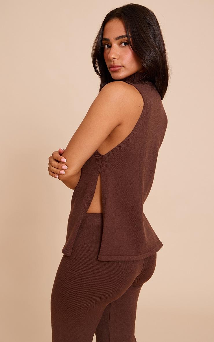Pretty Little Thing Petite Chocolate High Neck Knitted Sleeveless Top