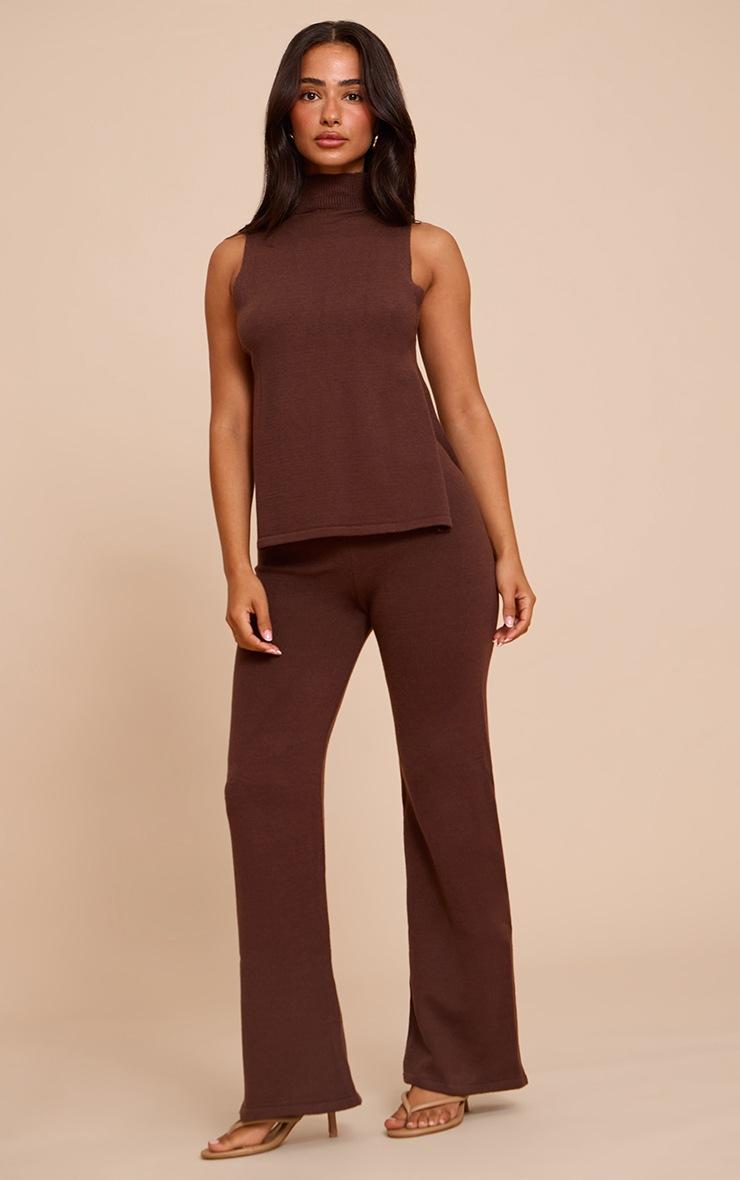 Pretty Little Thing Petite Chocolate Knitted Elastic Waist Wide Leg Pants