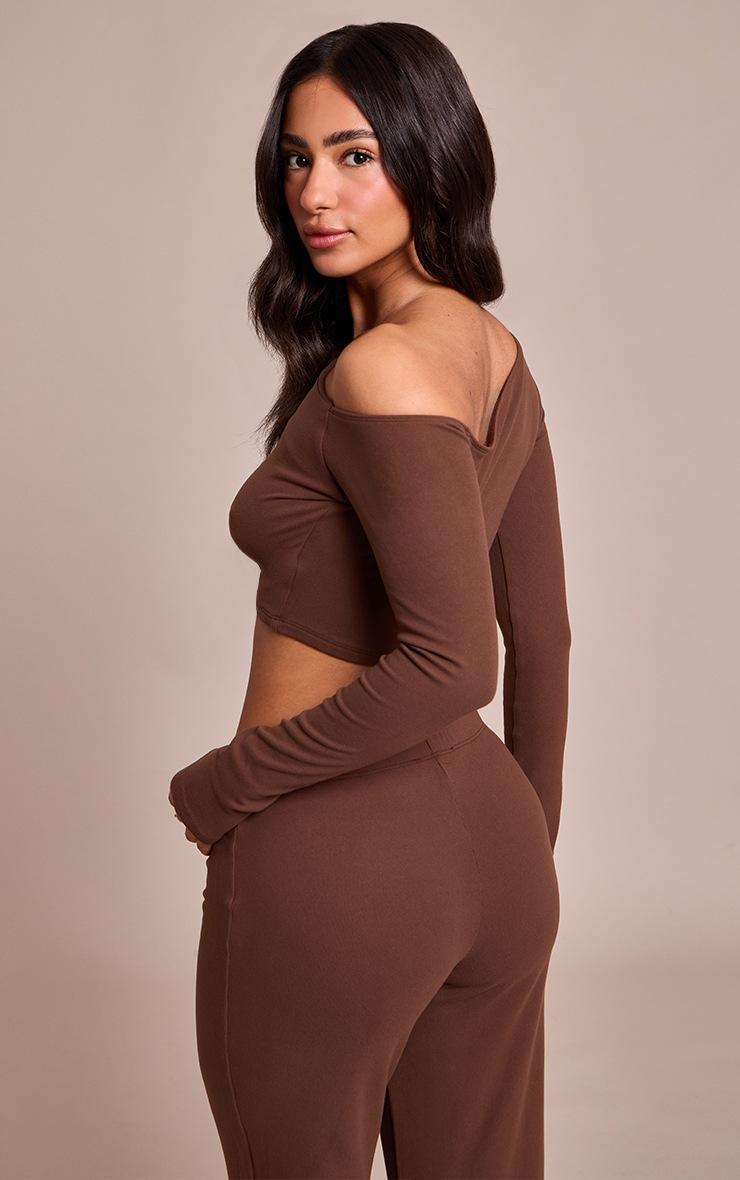Pretty Little Thing Petite Chocolate One Shoulder Long Sleeve Top