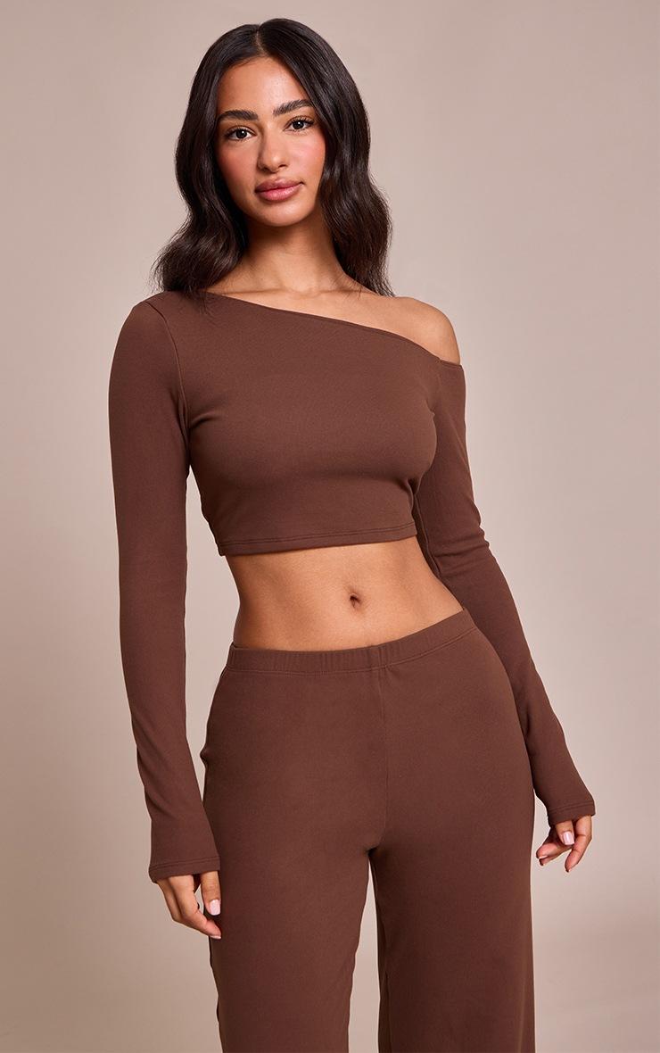 Pretty Little Thing Petite Chocolate One Shoulder Long Sleeve Top