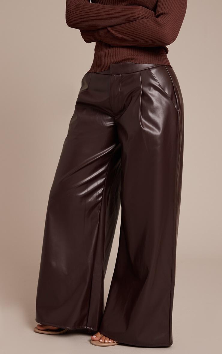 Pretty Little Thing Petite Chocolate Pleated Faux Leather Pants