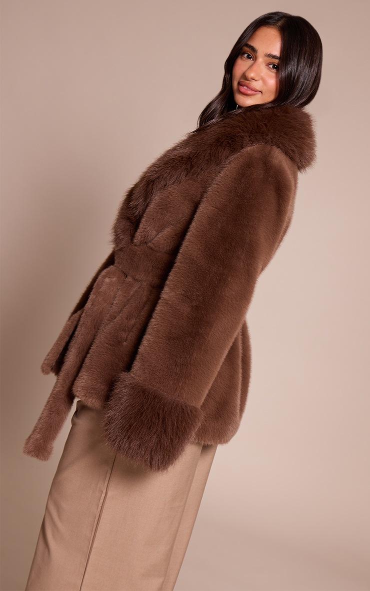 Pretty Little Thing Petite Chocolate Plush Faux Fur Self Tie Coat
