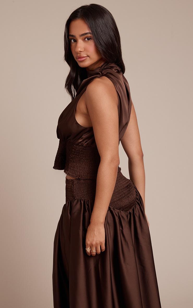 Pretty Little Thing Petite Chocolate Ruched Waist Drape Neck Top