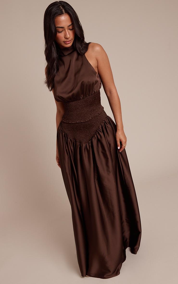 Pretty Little Thing Petite Chocolate Ruched Waist Drape Neck Top