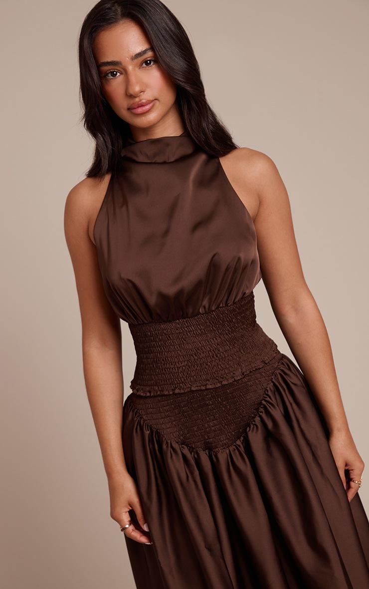 Pretty Little Thing Petite Chocolate Ruched Waist Drape Neck Top