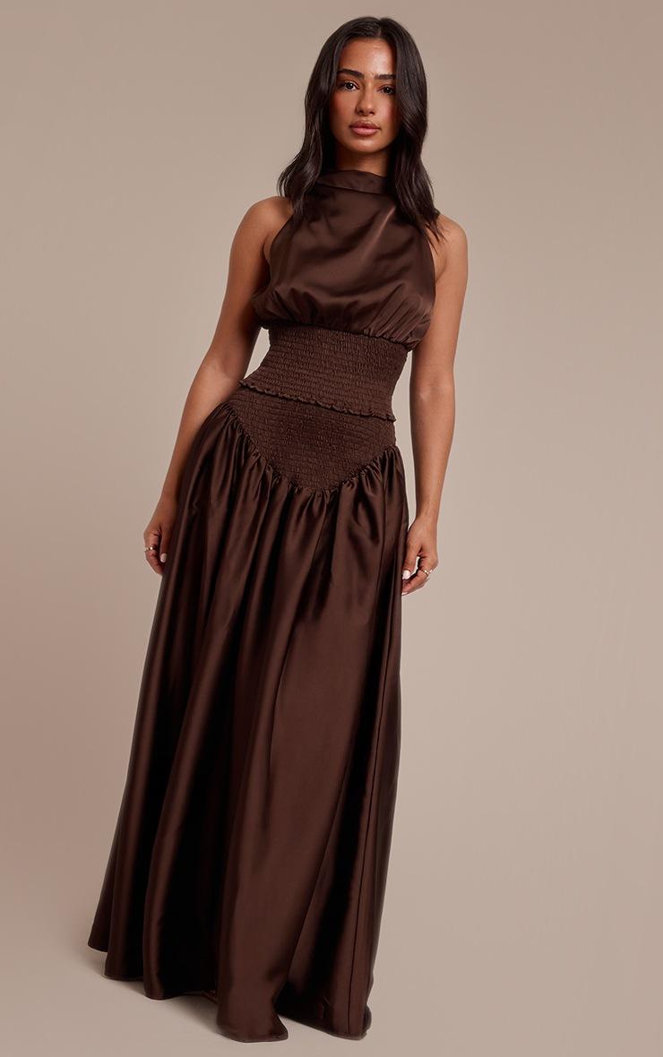 Pretty Little Thing Petite Chocolate Ruched Waist Flowy Maxi Skirt