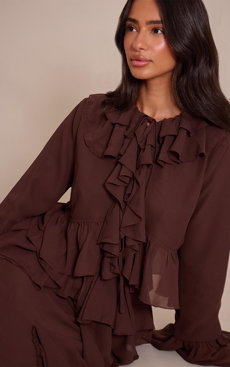 Pretty Little Thing Petite Chocolate Ruffle Detail Long Sleeve Tie Top