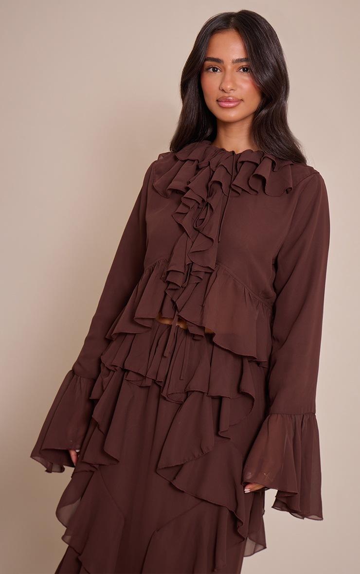 Pretty Little Thing Petite Chocolate Ruffle Detail Long Sleeve Tie Top