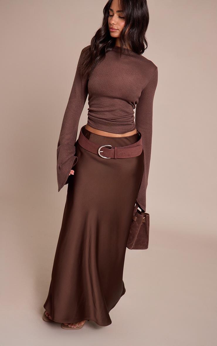 Pretty Little Thing Petite Chocolate Satin Flowy Maxi Skirt