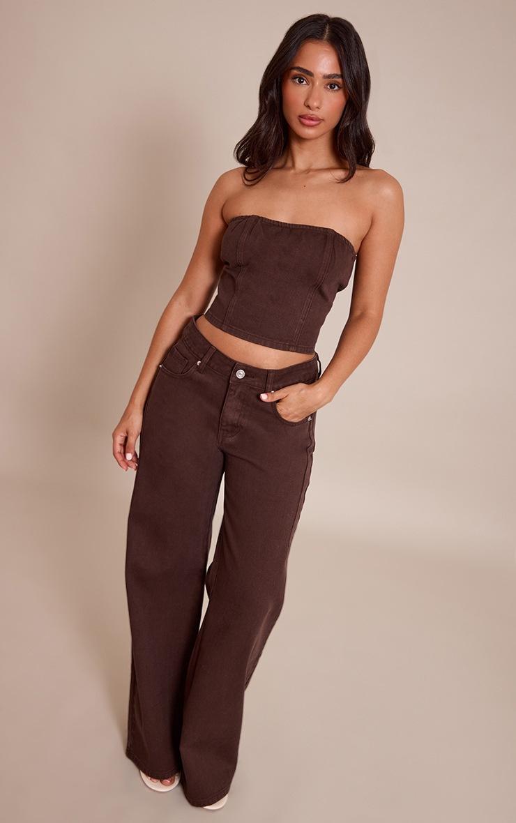 Pretty Little Thing Petite Chocolate Seam Detail Denim Bandeau Top