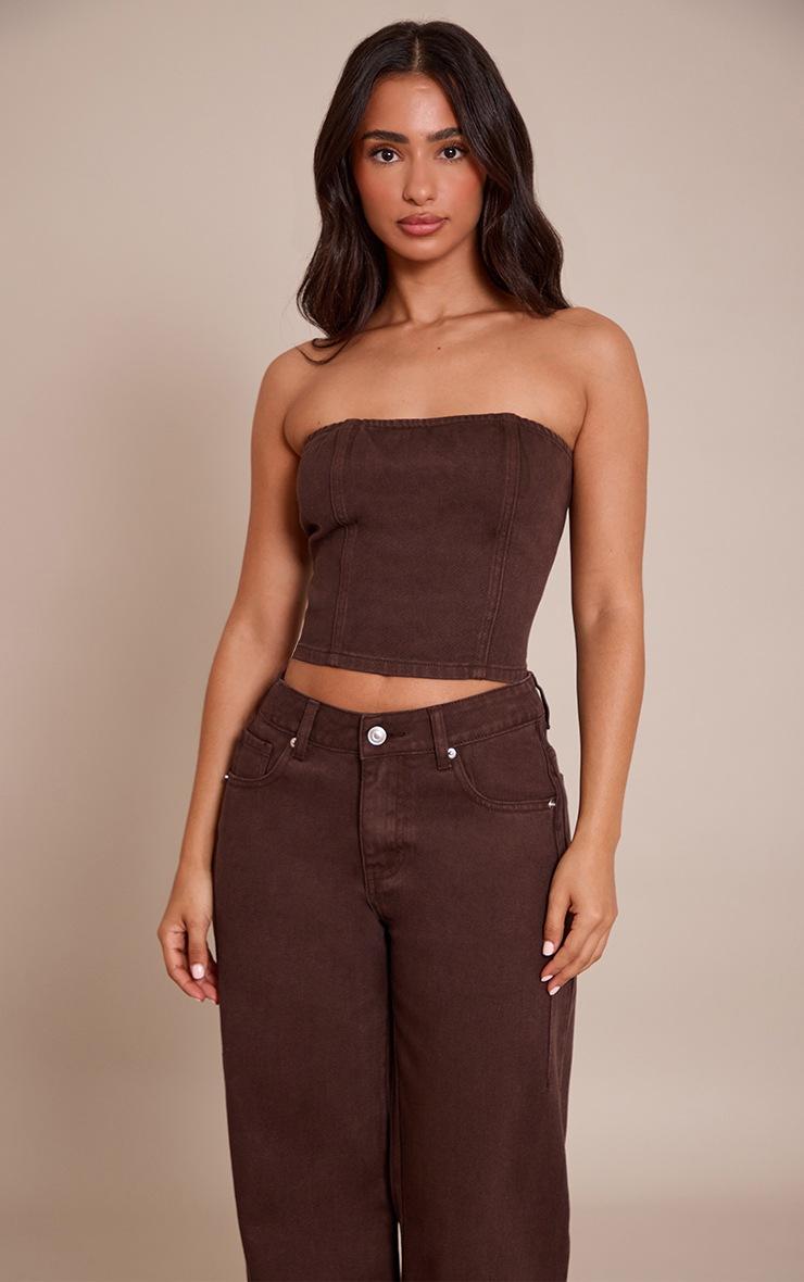 Pretty Little Thing Petite Chocolate Seam Detail Denim Bandeau Top