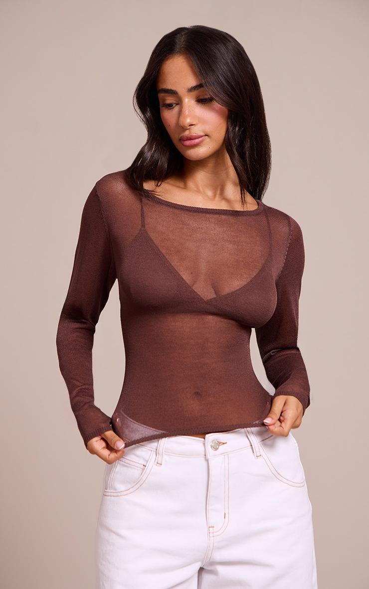 Pretty Little Thing Petite Chocolate Sheer Knit Long Sleeve Top
