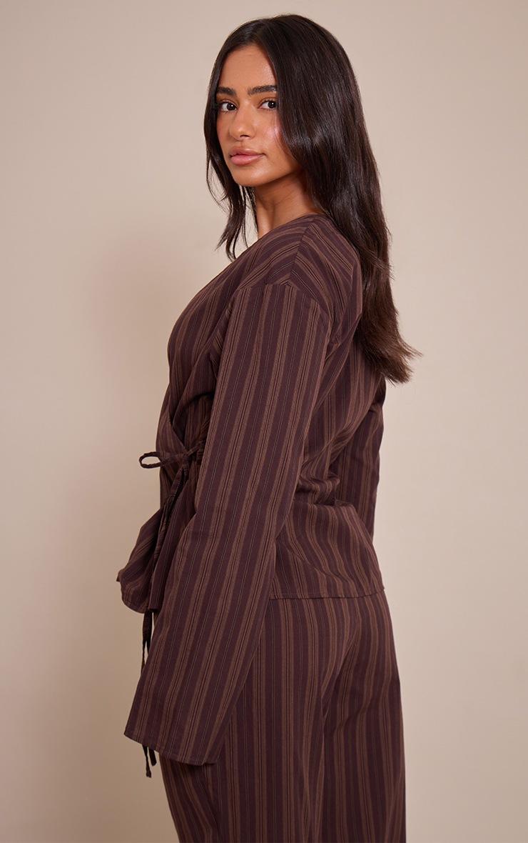 Pretty Little Thing Petite Chocolate Stripe Wrap Long Sleeve Top