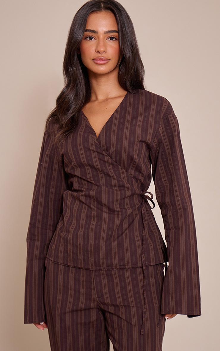 Pretty Little Thing Petite Chocolate Stripe Wrap Long Sleeve Top