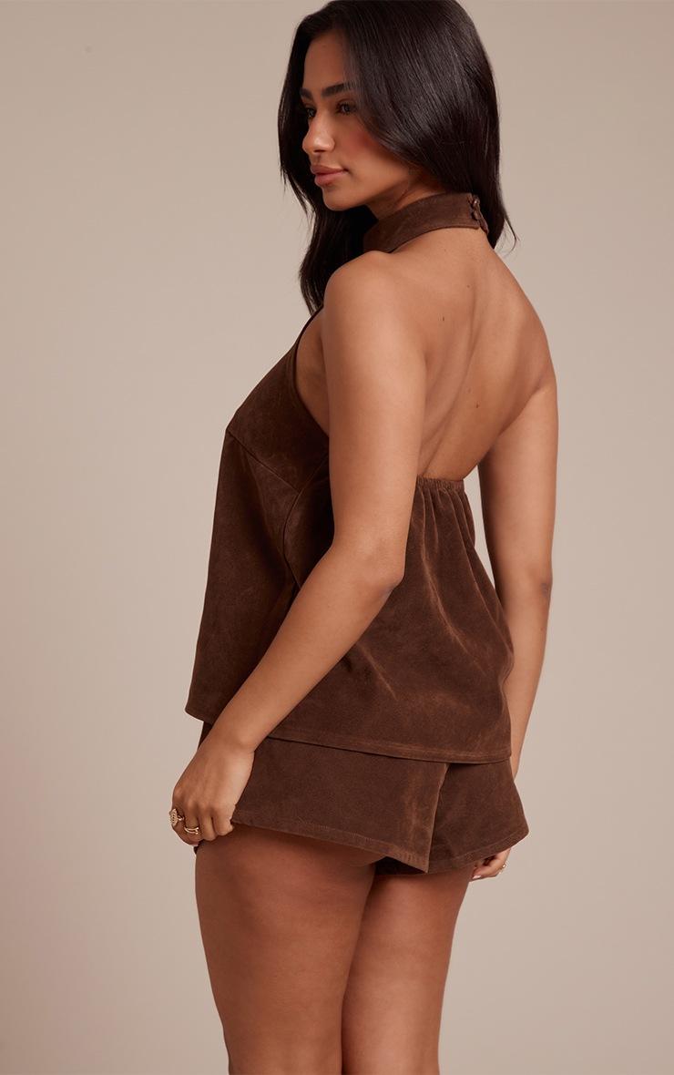 Pretty Little Thing Petite Chocolate Suede Halterneck Top