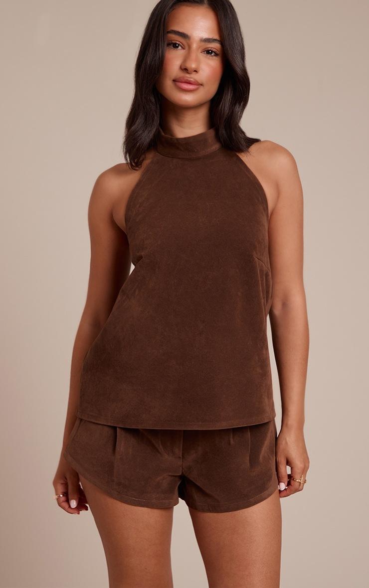 Pretty Little Thing Petite Chocolate Suede Halterneck Top