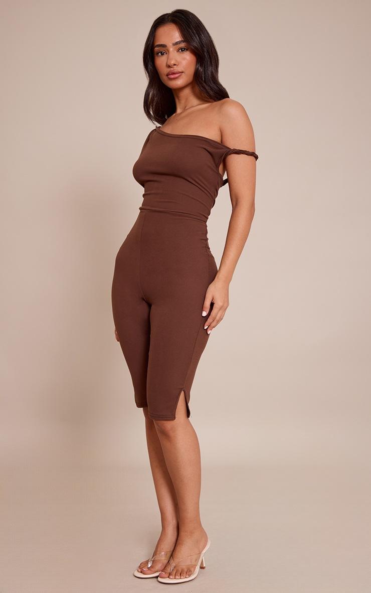Pretty Little Thing Petite Chocolate Super Soft Bardot Twist Detail Fitted Jumpsuit