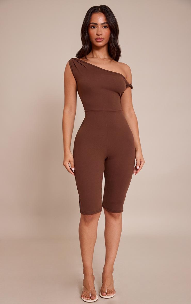 Pretty Little Thing Petite Chocolate Super Soft Bardot Twist Detail Fitted Jumpsuit