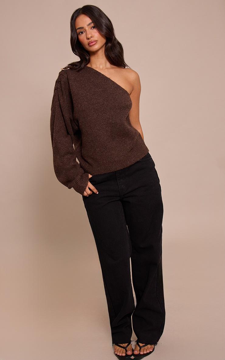 Pretty Little Thing Petite Chocolate Trim Detail One Shoulder Knitted Sweater