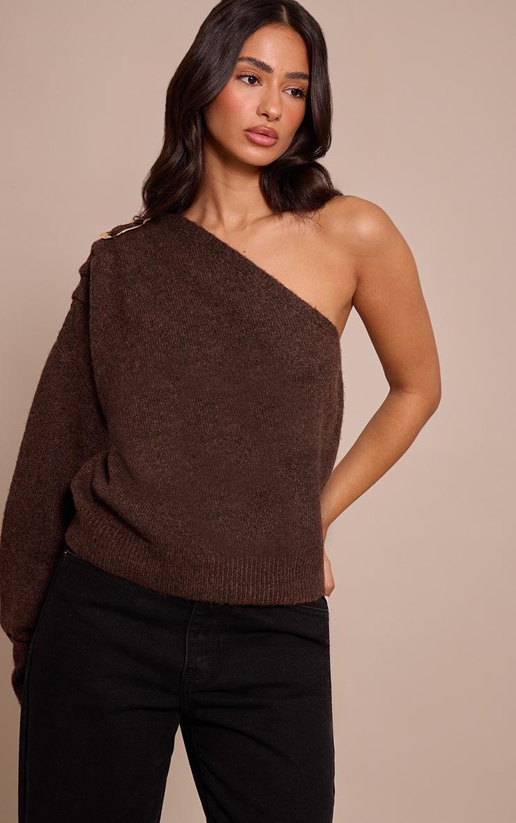 Pretty Little Thing Petite Chocolate Trim Detail One Shoulder Knitted Sweater