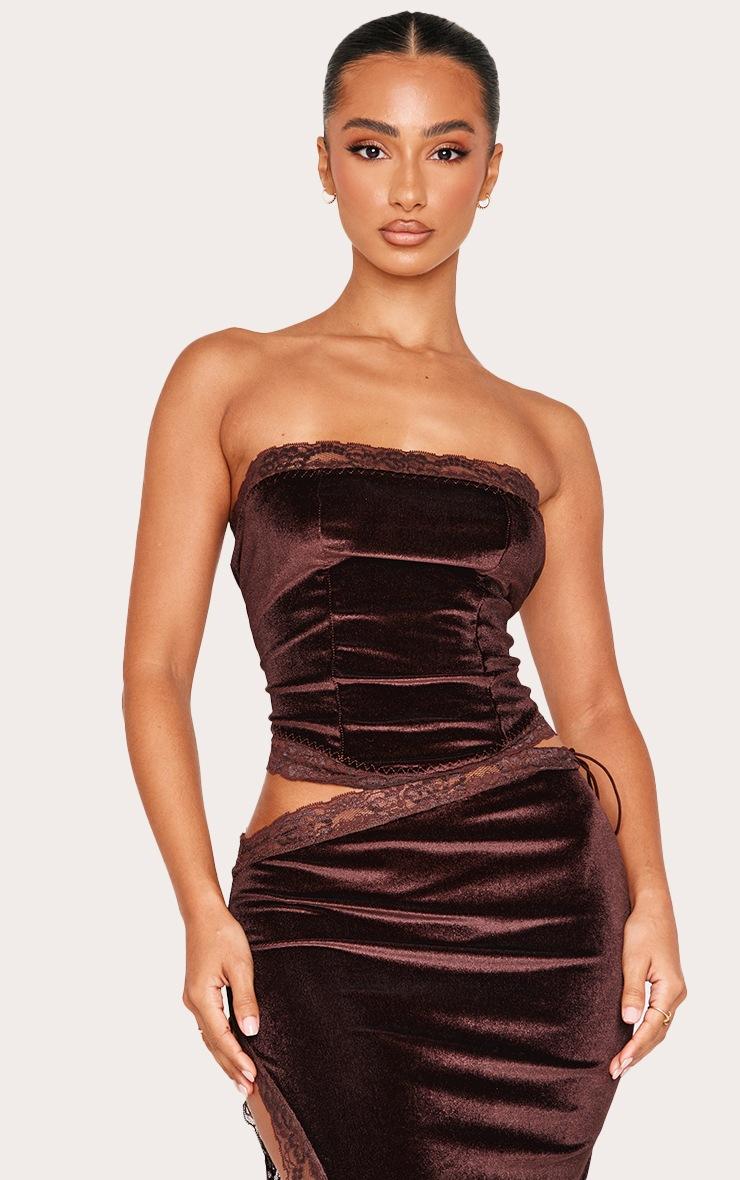 Pretty Little Thing Petite Chocolate Velvet Lace Trim Detail Bandeau Top