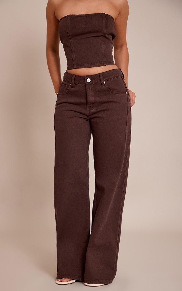 Pretty Little Thing Petite Chocolate Wide Leg Side Seam Detail Jeans
